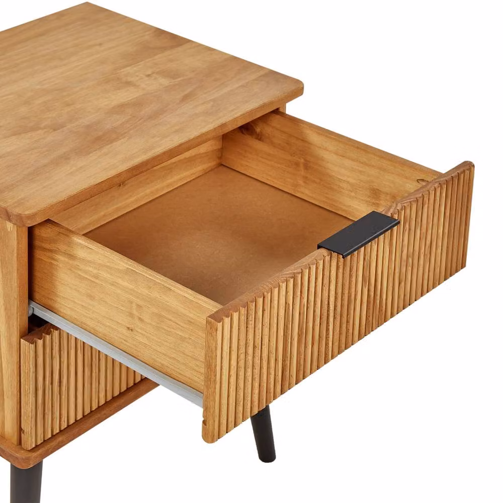 Wyld and Coco Mid-Century Waxed Pine Bedside Table with 2 Drawers in Brown and Black, W/D/H: 40 x 40 x 56 cm – 4