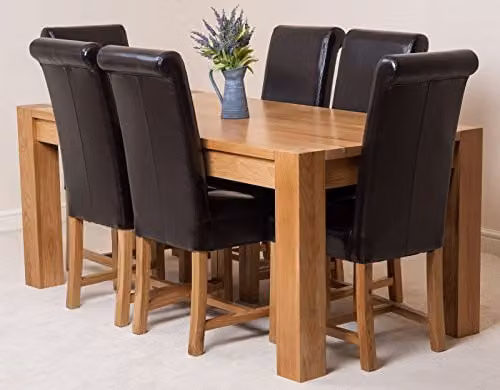 Thats Furniture Kuba Solid Oak Dining Table and 6 Washington Brown Leather Chairs Set, W: 180 cm, D: 90 cm