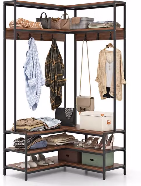 COSTWAY Industrial Metal Clothes Rail and Garment Rack in Walnut and Black