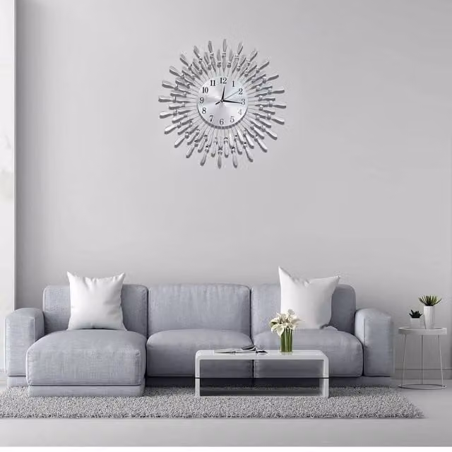 EONLION Silver Beaded Jeweled Round Quartz Wall Clock