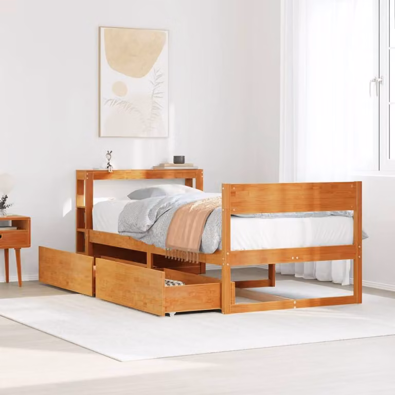 Berkfield Home Small Single Solid Wood Pine Bed Frame in Waxed Brown, W/D/H: 75 x 190 cm