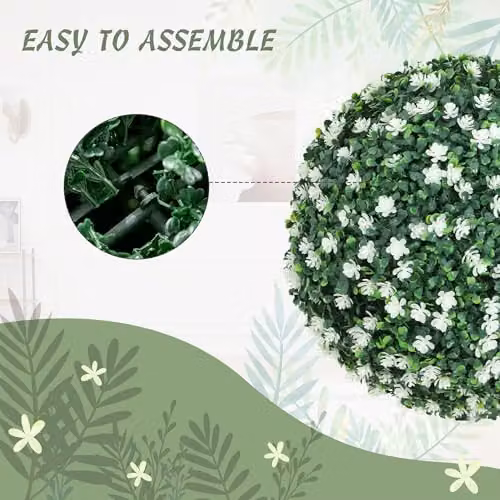 HOMCOM Set of 2 Hanging Artificial Floral Topiary Balls with Flowers, Green and White, Diameter: 40 cm – 4