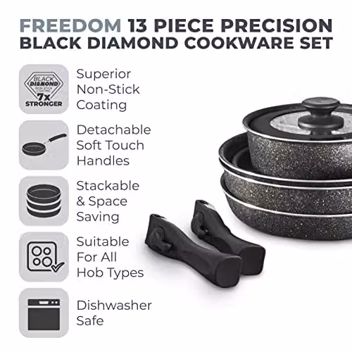 Tower Freedom 13 Piece Non-Stick Aluminium Cookware Set with Detachable Handles, Black – 2