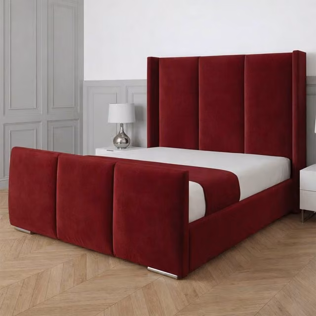 UK Bed Furniture Miami Wingback Upholstered Velvet Bed in Red, W/D/H: 120 x 200 cm