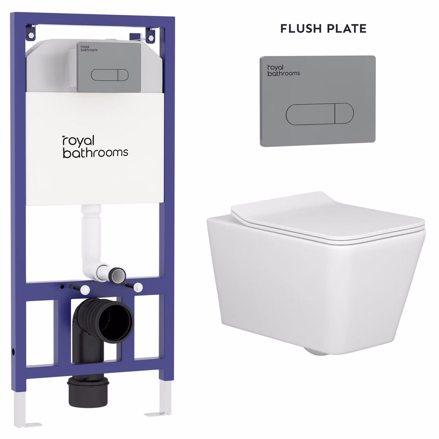 Royal Bathrooms Elena White Ceramic Wall Hung Rimless Toilet with Slim Soft Close Seat and Gun Metal Plate