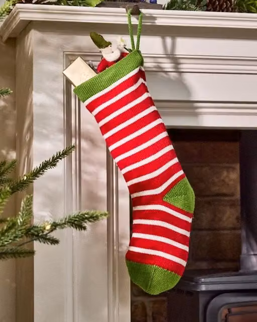 Dibor Set of 4 Traditional Candy Stripe Knitted Christmas Stockings in Red, Green and White