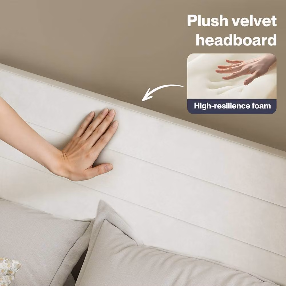 VOGREX King Velvet Upholstered Bed Frame in White – 3