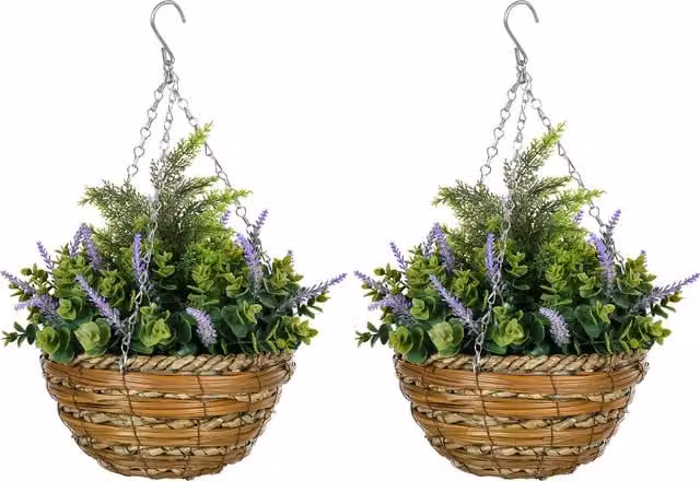 Outsunny 2 Pack Artificial Lisianthus Flower Hanging Planters with Baskets, Purple – 1
