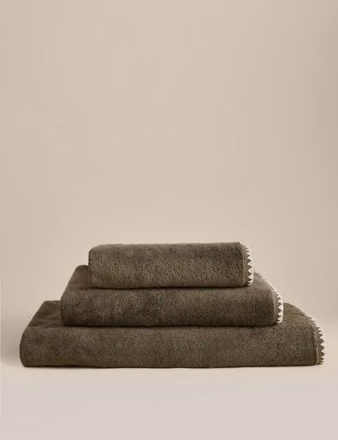 M&S Egyptian Cotton Terry Towel with Embroidered Border in Khaki