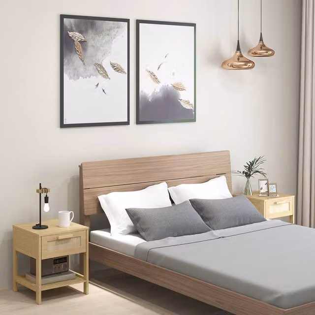 HOMCOM Set of 2 Bedside Tables with Rattan Drawer and Storage Shelf in Beige – 1