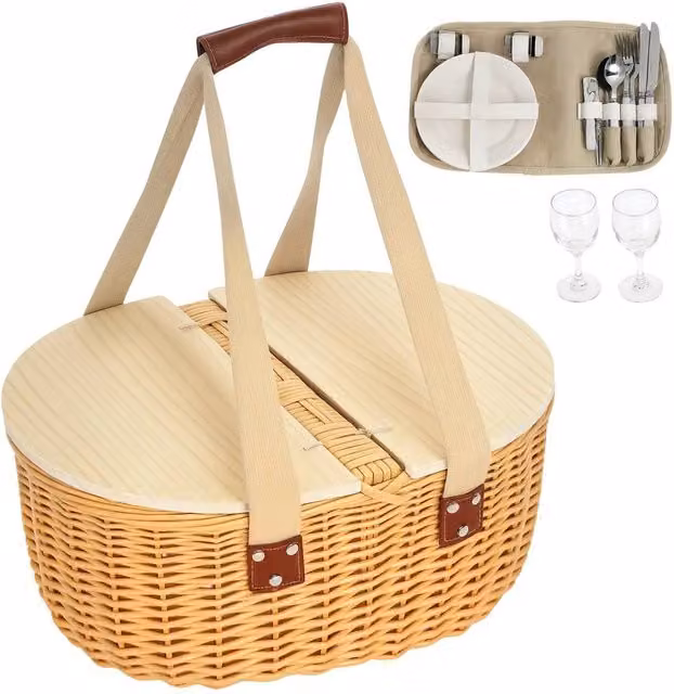 EONLION Brown Pine Wood Picnic Basket for 2 – 1