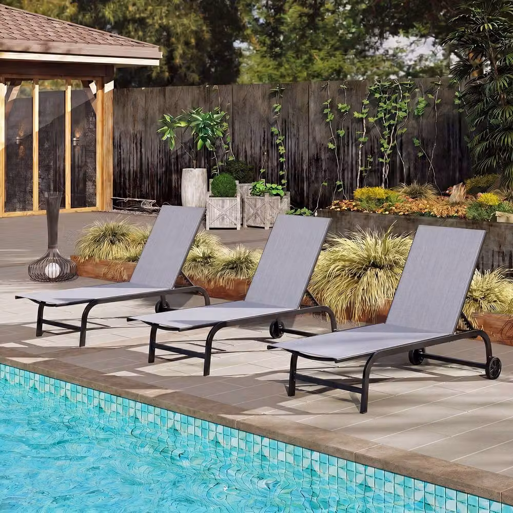 Costway 2-Piece Grey Chaise Lounge Chair Set with Wheels and 6-Position Reclining Function – 2