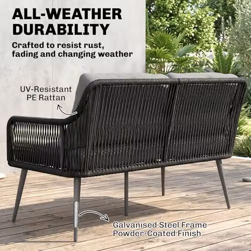 Outsunny 4 Seater Rattan Garden Furniture Set in Black with Upholstered Cushions and Coffee Table – 4