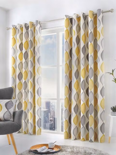 Fusion Lennox Modern Geo Print Eyelet Curtains in Yellow, Width: 168 cm, Drop: 183 cm