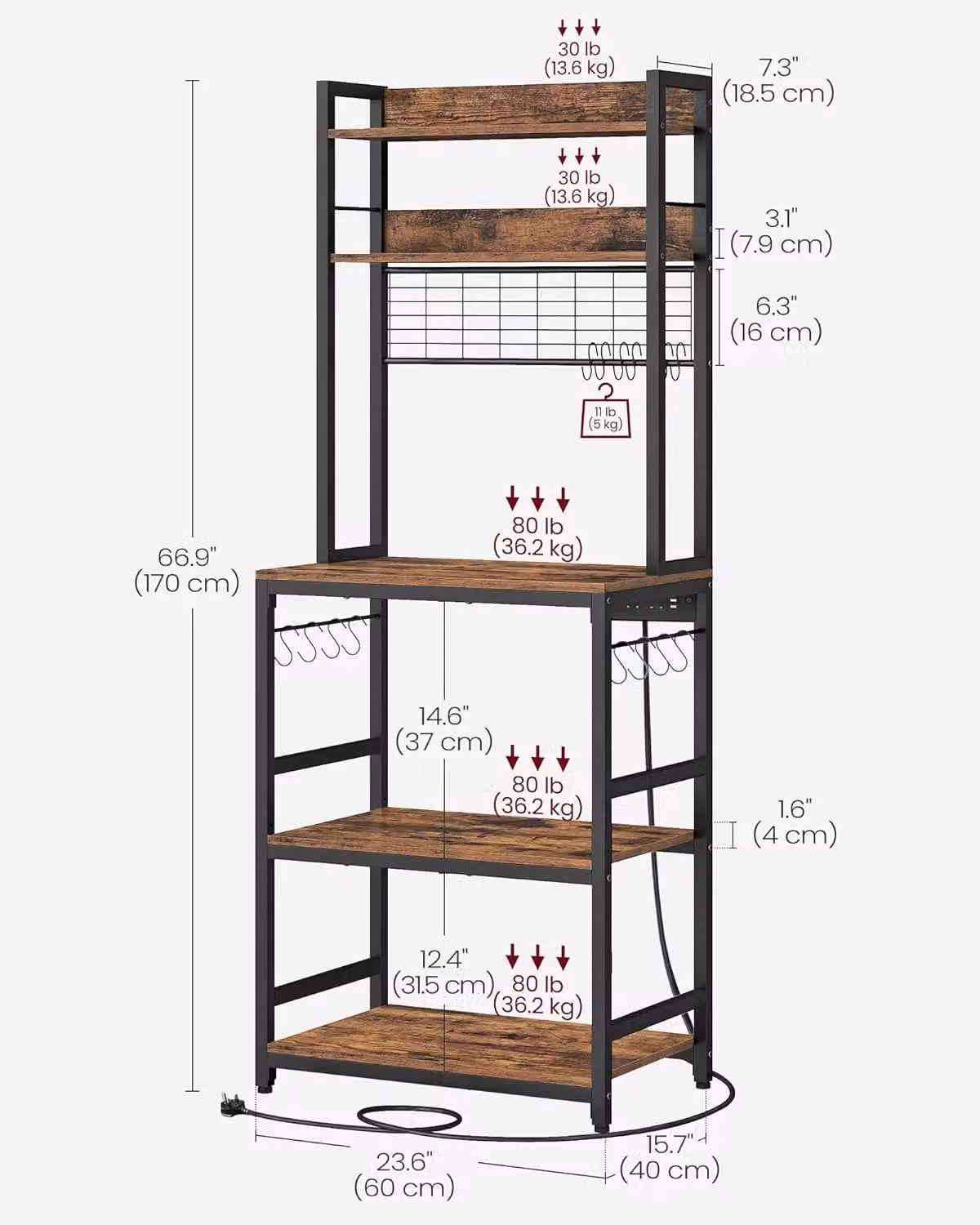 VASAGLE Compact Freestanding Kitchen Rack with Power Outlet and Adjustable Shelves in Brown – 2