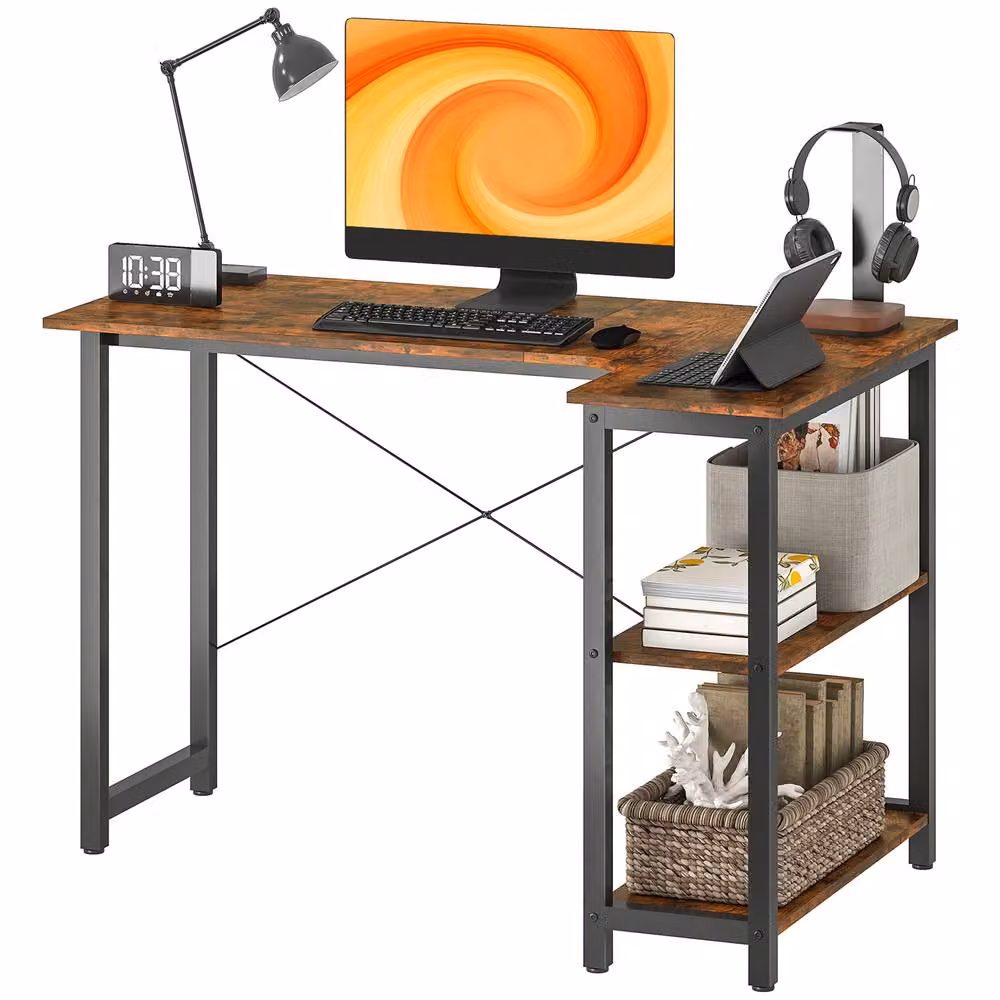 STILVORA L Shaped Corner Desk with Shelves in Rustic Dark Brown – 4