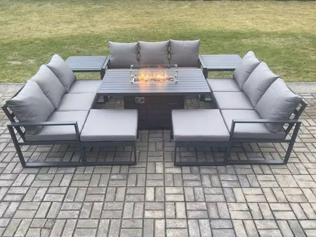 Fimous 11 Seater Aluminium Garden Furniture Set with Gas Fire Pit Dining Table and 2 Footstools in Dark Grey