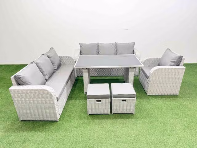 Fimous 9-Seater Patio Rectangular Table and Sofa Set with 2 Small Stools in Light Grey