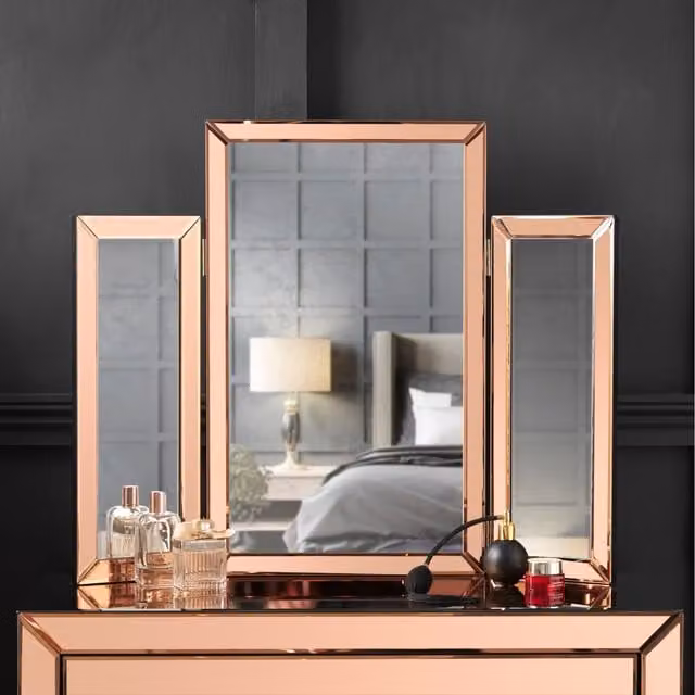 Carme Gold Rectangular Freestanding Classic Tri-Fold Vanity Mirror