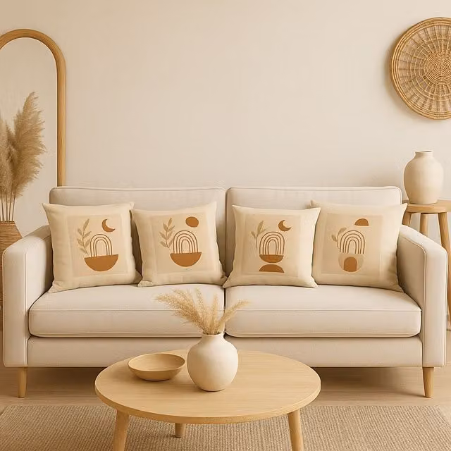 Mafett Set of 4 Boho Square Cotton Cushion Covers with Minimalist Abstract Graphic Designs in Beige and Sand