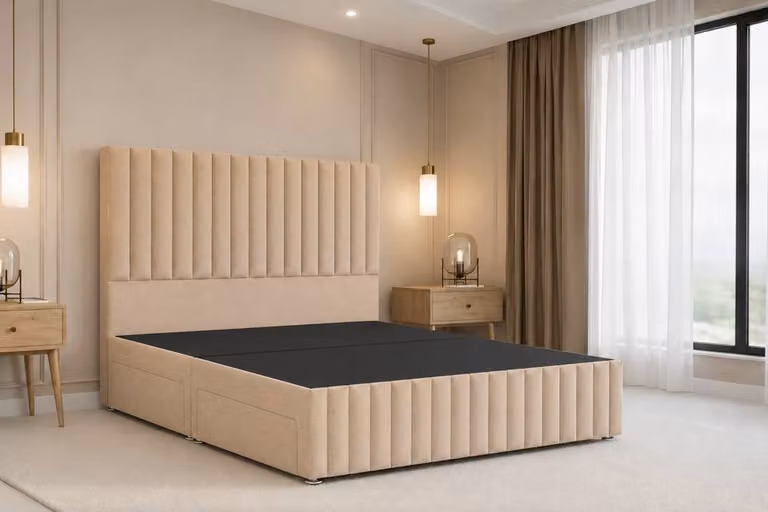 Nexus Mattresses Ltd Verona Plush Divan Bed with 2 Drawers (Right Side), 12 inch Footboard and 54 inch Headboard, Sand Velvet Fabric, W/D/H: 90 x 200 x 30.48 cm