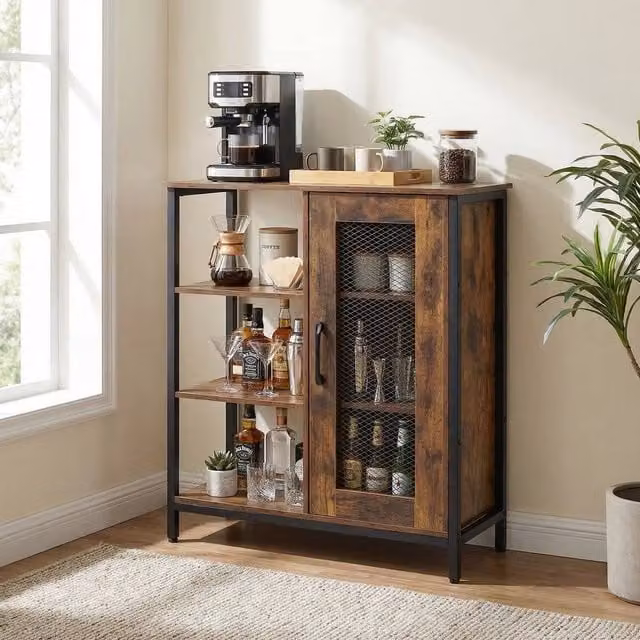 EONLION Modern Coffee Bar Cabinet in Brown with Adjustable Shelves