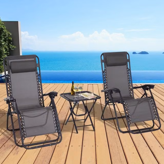 Outsunny Grey Folding Zero Gravity Chairs and Table Set with Textilene Fabric and Powder Coated Steel Frame