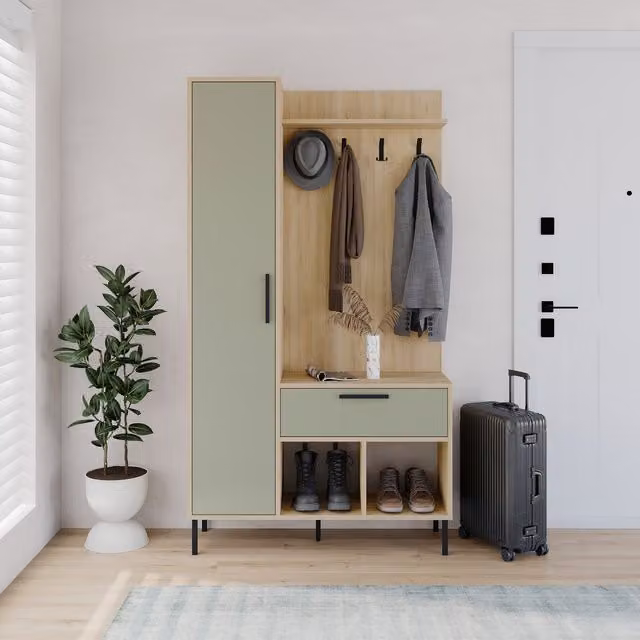 Decortie Acton Hallway Storage Unit Tall Cupboard with Hooks in Ash Green