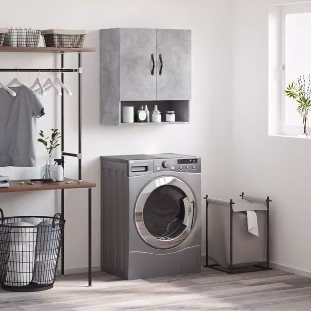 Berkfield Home Wall Mounted Cabinet in Concrete Grey with Hinged Doors and Open Shelf, W/D/H: 60 x 31 x 70 cm