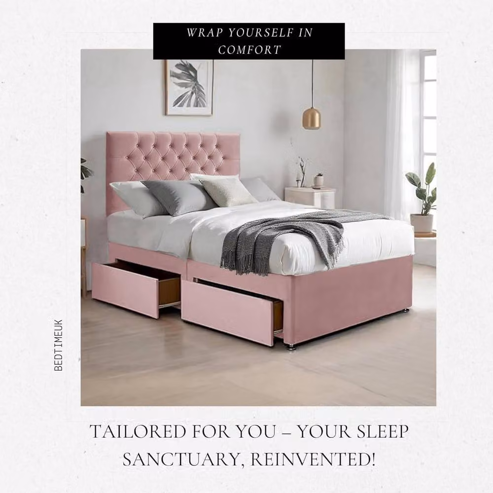 Bed Time UK Super King Plush Velvet Bed with Mattress, 2 Drawers and 20 inch Chesterfield Headboard in Pink, W/D/H: 200 x 200 cm – 2