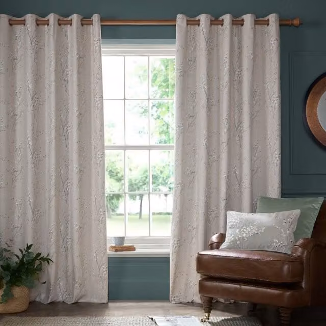Laura Ashley Pussy Willow Floral Eyelet Curtains in Truffle Natural Beige Cotton