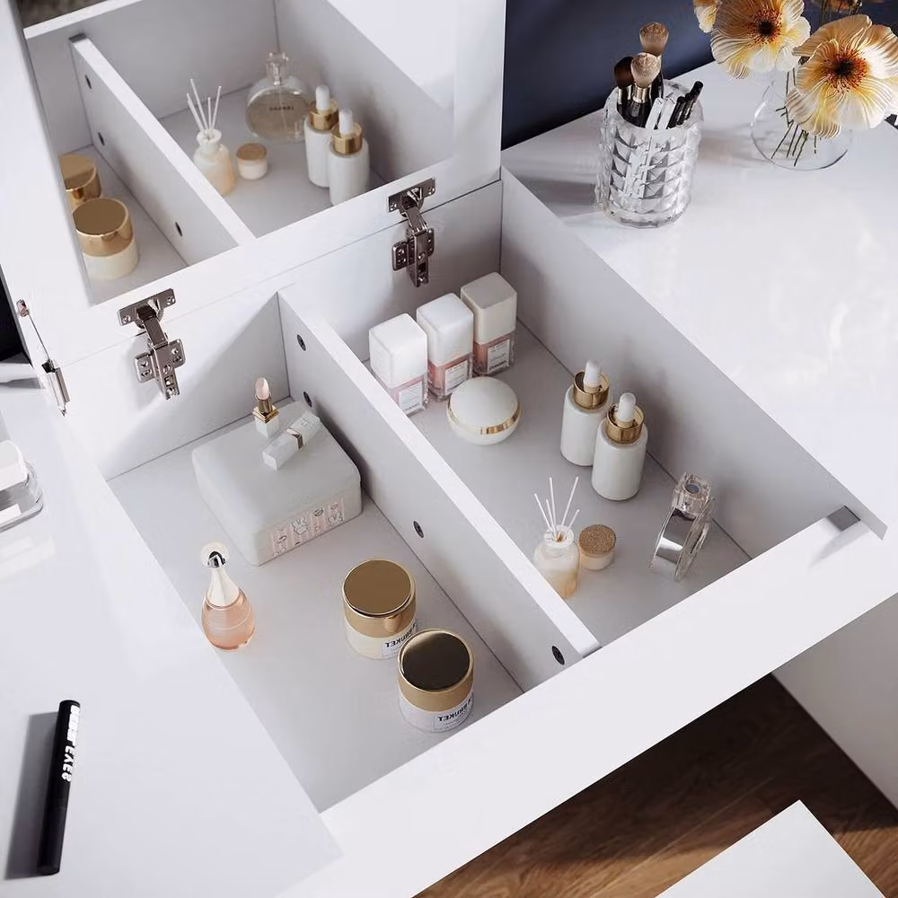 ERGOVEXA White Dressing Table Vanity Set with Foldable Mirror and Stool – 3
