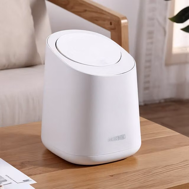 Komore Mini Desktop Trash Bin with Touch Press-top Lid and Removable Inner Bucket, White