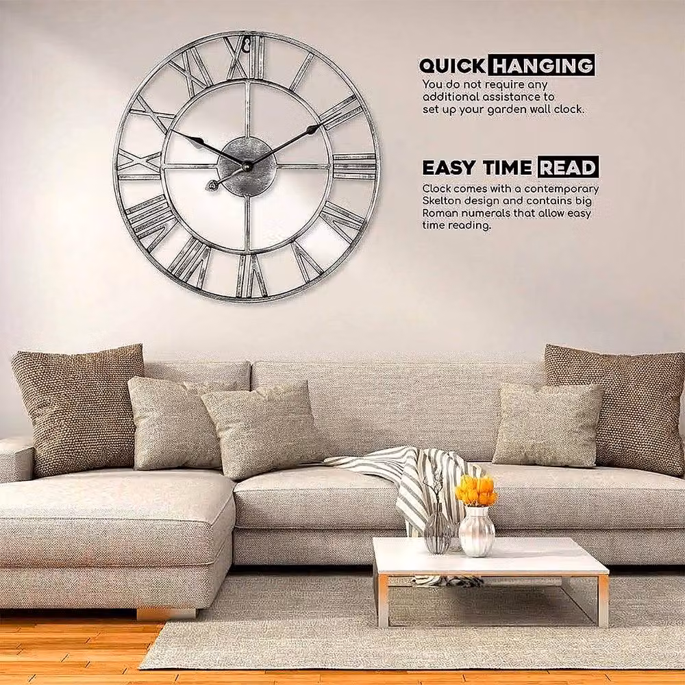 YnysTec Large Skeleton Metal Wall Clock with Roman Numerals in Silver, Diameter: 40 cm – 5