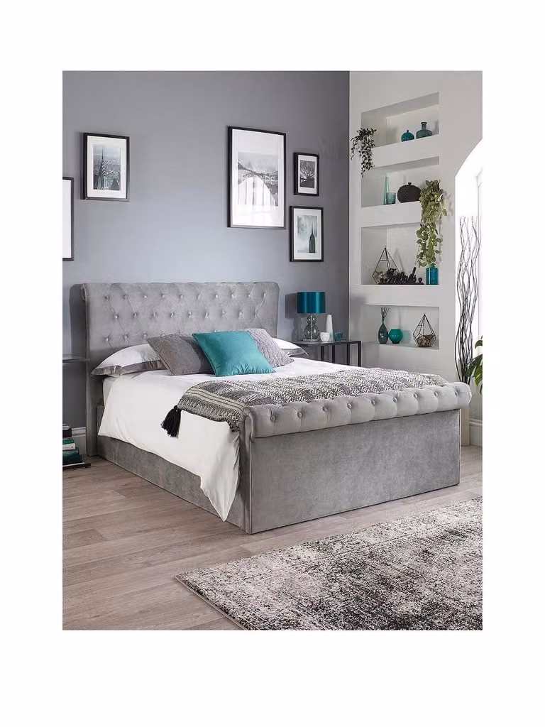 Aspire Chesterfield Fabric Lift Up Storage Bed, Double, Grey