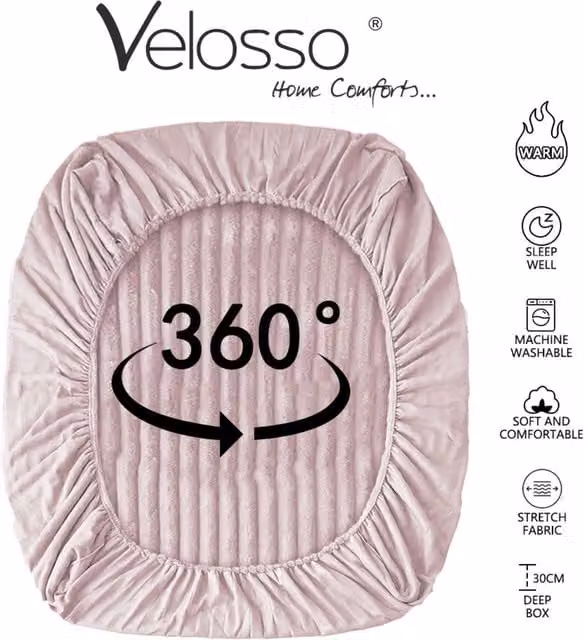 Velosso Plush Supersoft Jumbo Cord Ribbed Fitted Sheet in Blush, Superking, 200 x 200 cm