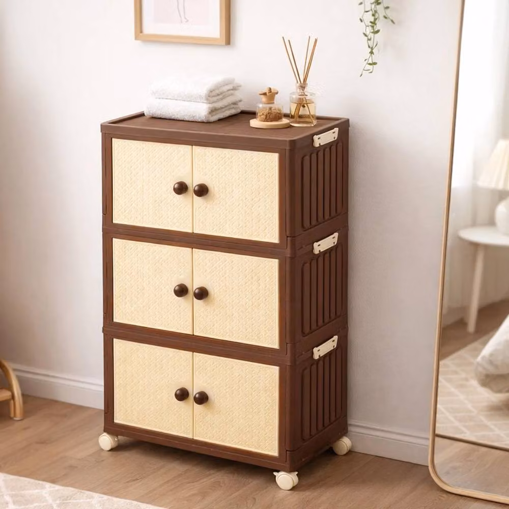 KORVIXA 3 Tier Large Foldable Storage Boxes with Hinged Doors, Brown, W/D/H: 100 x 100 x 100 cm – 3