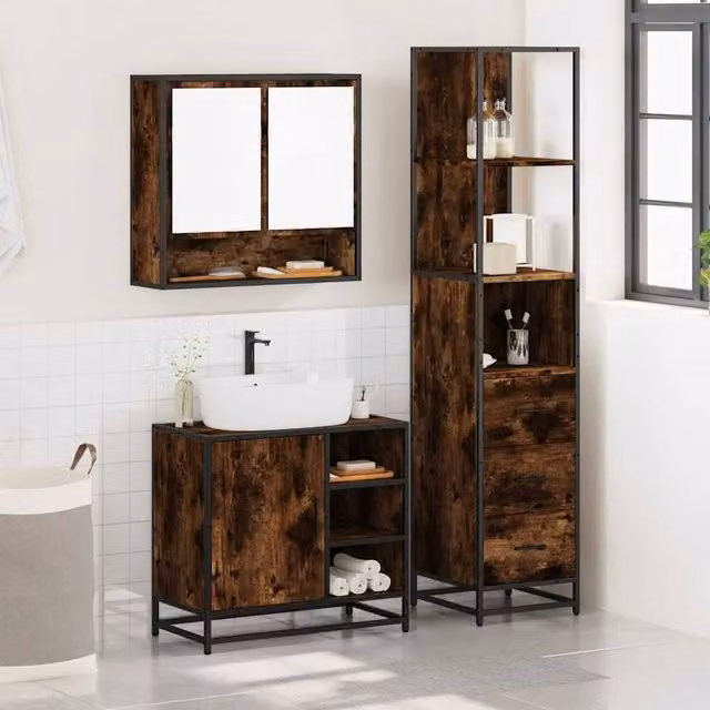 Berkfield Home 3 Piece Industrial Bathroom Furniture Set in Brown Smoked Oak