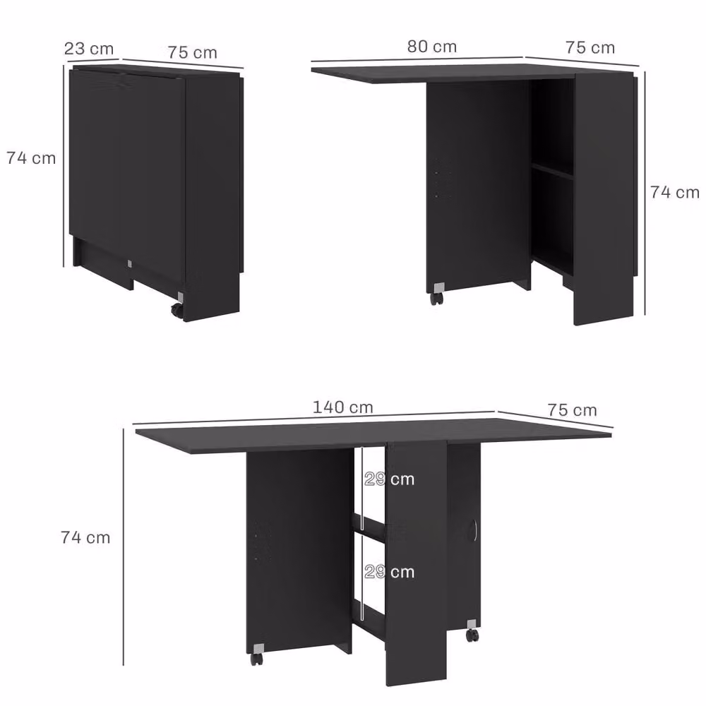 Wyld Haus Kafa Laso Black Drop Leaf Folding Dining Table with Shelves and Castors, W/D/H: 75 x 75 x 75 cm – 4
