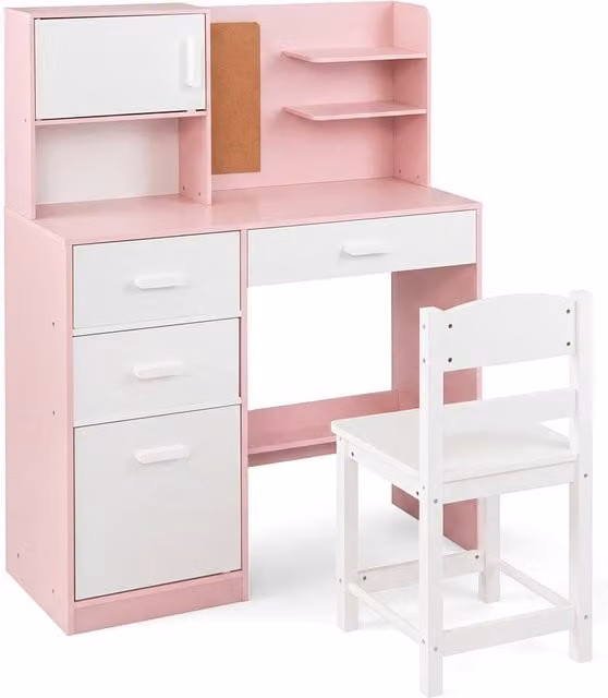 CASART Kids Wooden Study Desk and Chair Set with Hutch in Pink