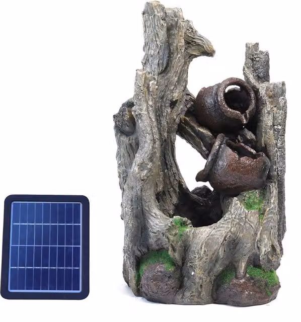 Darphe Solar Powered Tree Trunk Garden Water Fountain in Grey and Brown Resin