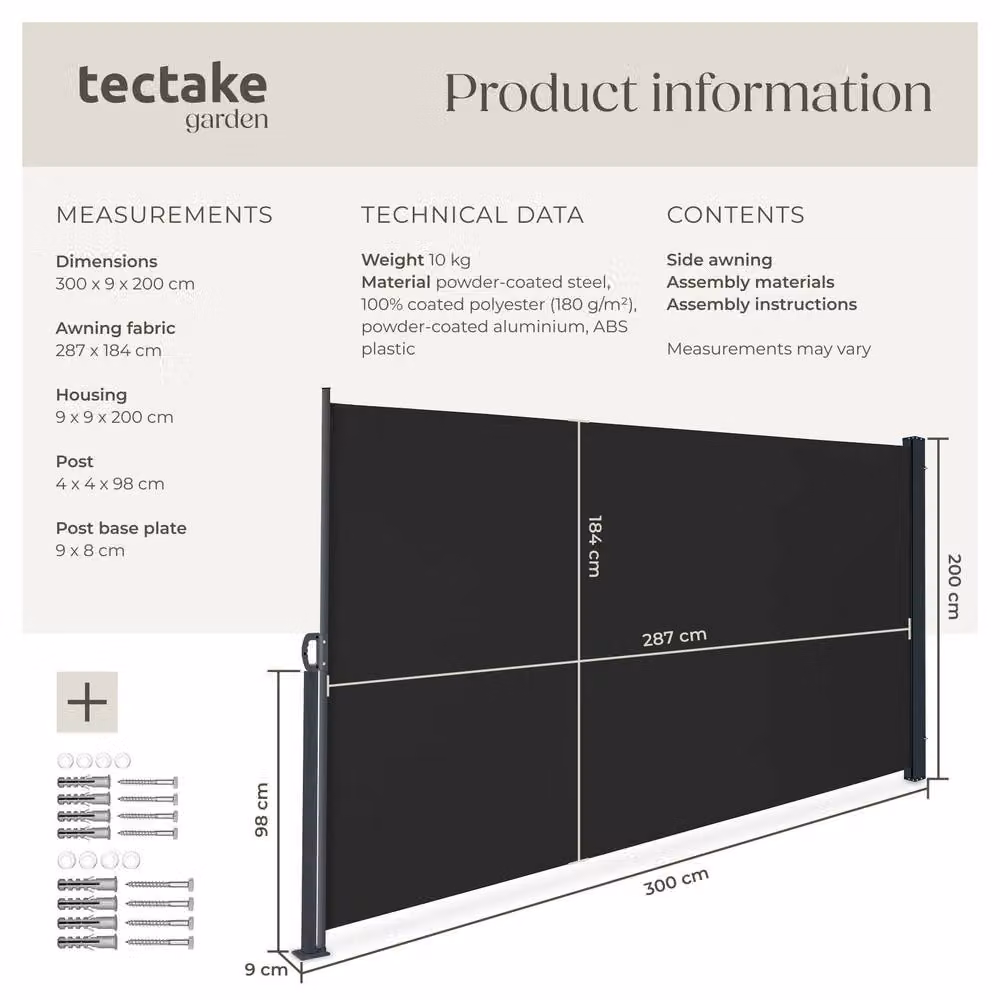 tectake Extendable Side Awning with Roll-up Mechanism in Black, W: 300 cm, H: 180 cm – 5