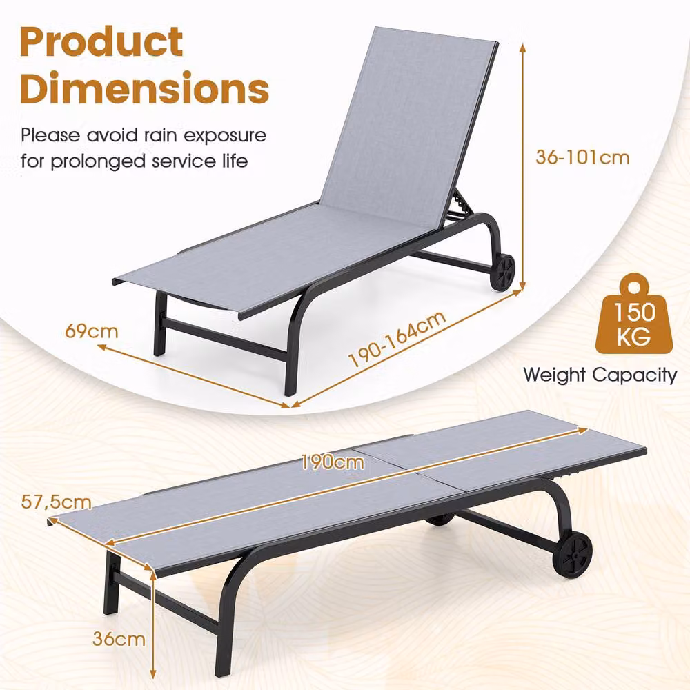 Costway Grey 6-Position Reclining Chaise Lounge Chair with Wheels and 181 Degree Full Flat Function – 2