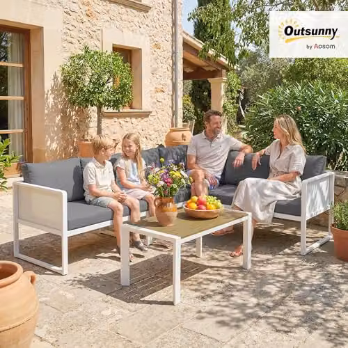 Outsunny 6 Seater White Metal Garden Furniture Set with L-Shape Corner Sofa, 2 Seater Sofa, and Coffee Table, W/D/H: 120 x 60 x 62.5 cm – 2