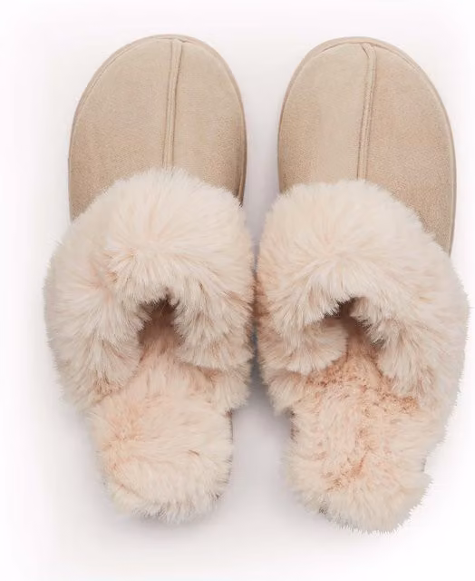 Murmur Tilda Faux Fur Slippers in Grey and Beige, Size 6-7, Linen