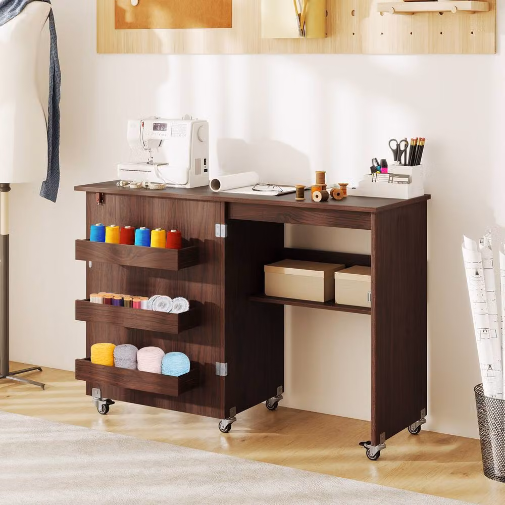 Gymax Folding Rolling Sewing Machine Desk and Craft Station with Storage Shelf in Brown – 3