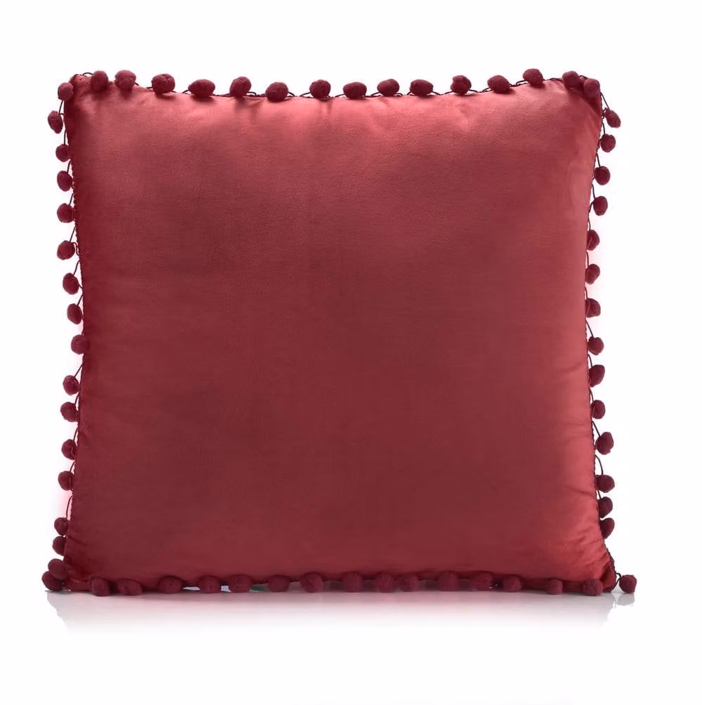 Luxury Living Set of 4 Red Velvet Square Cushions with Pom Trim, W/D/H: 43 x 43 x 43 cm – 3