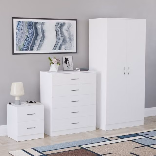 Vida Designs Riano 3 Piece Modern White Bedroom Set including Wardrobe, Chest of Drawers and Nightstand
