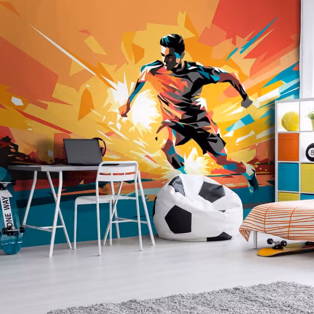 Origin Murals Football Player Abstract Landscape Wall Mural in Orange and Multicolour