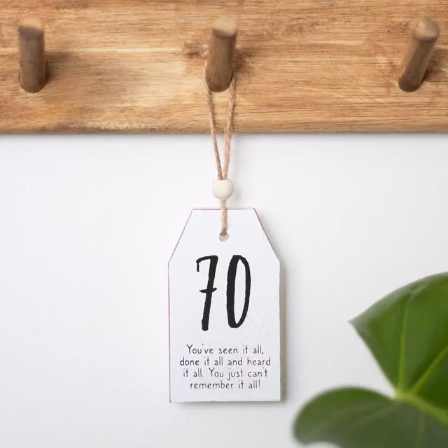 Kingsbury Gifts White 70th Birthday Small Hanging Wood Sentiment Sign, W: 7.8 cm